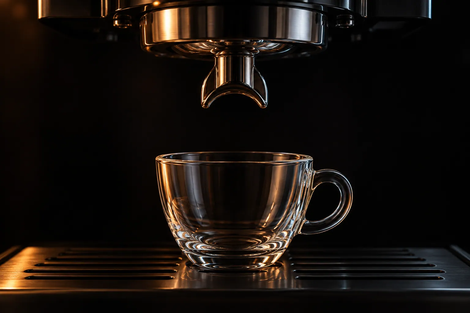 A clear espresso cup below a polished portafilter