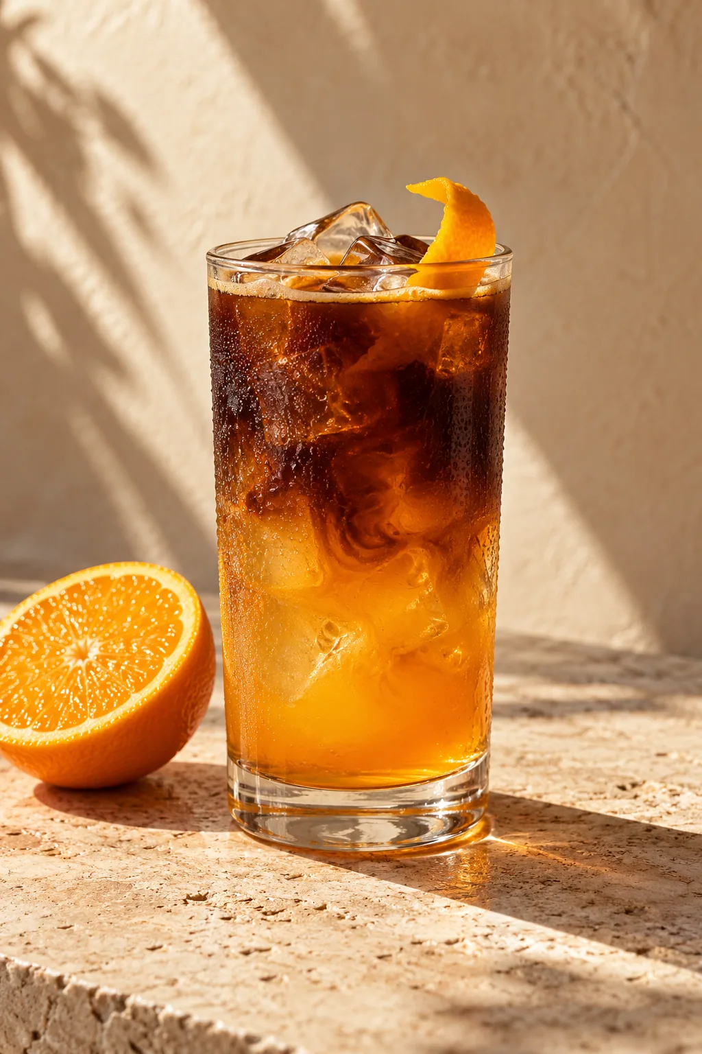 Amber orange cold brew with ice and citrus peel