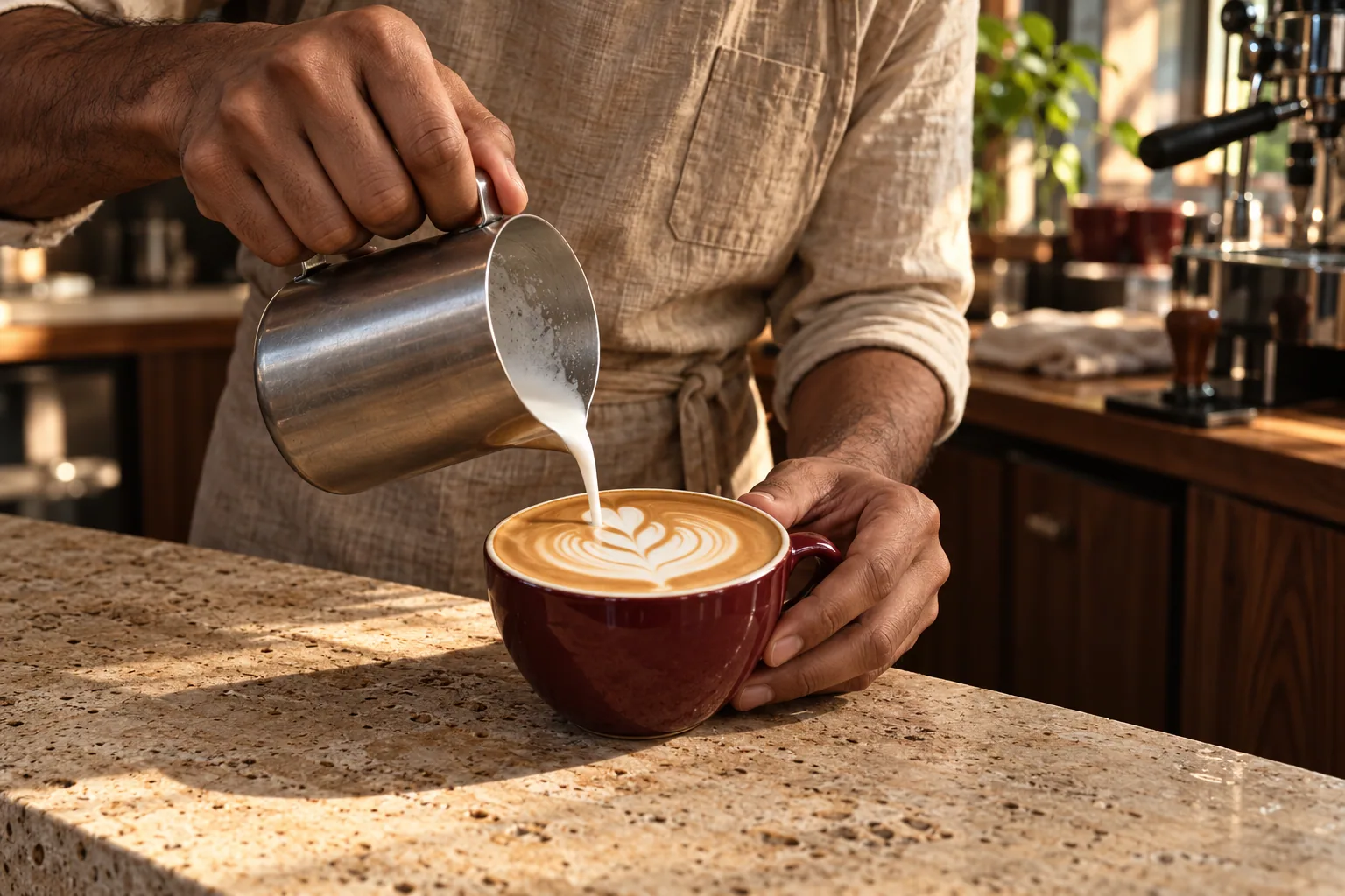 Barista pours steamed milk into a burgundy cup