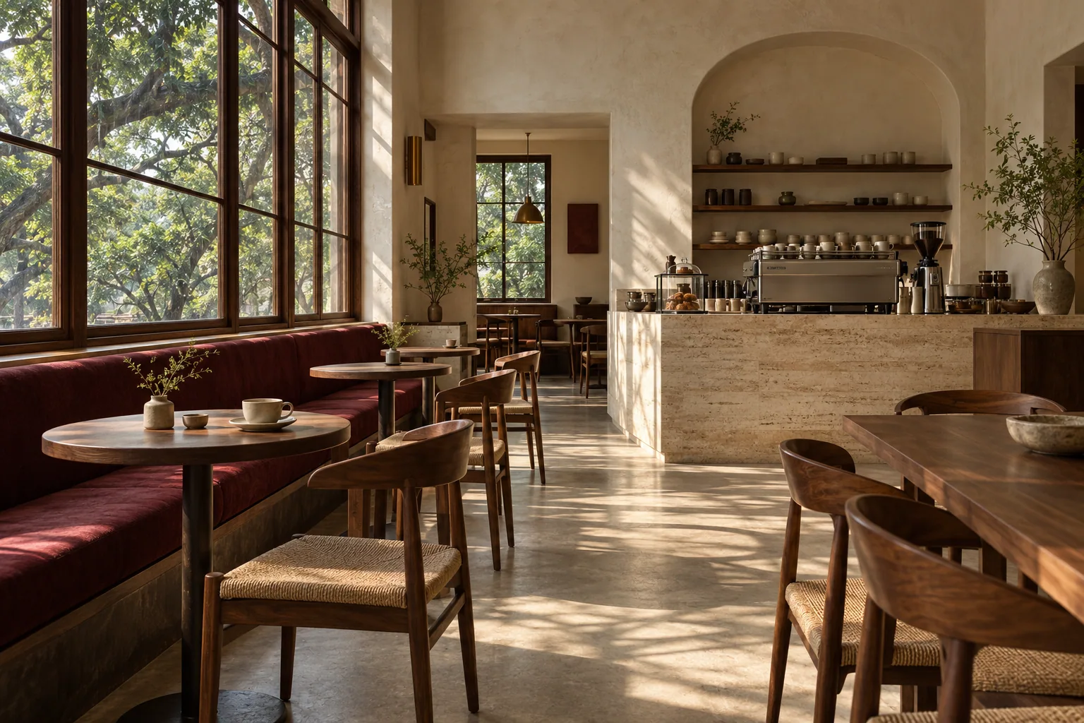 Morning sunlight falls across walnut chairs and an oxblood banquette