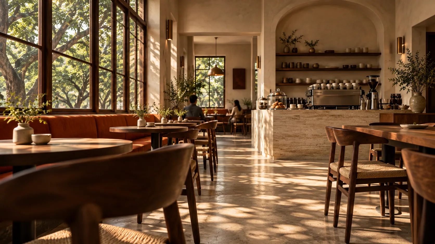 Warm morning light in Webbot Cafe, with walnut tables and terracotta seating